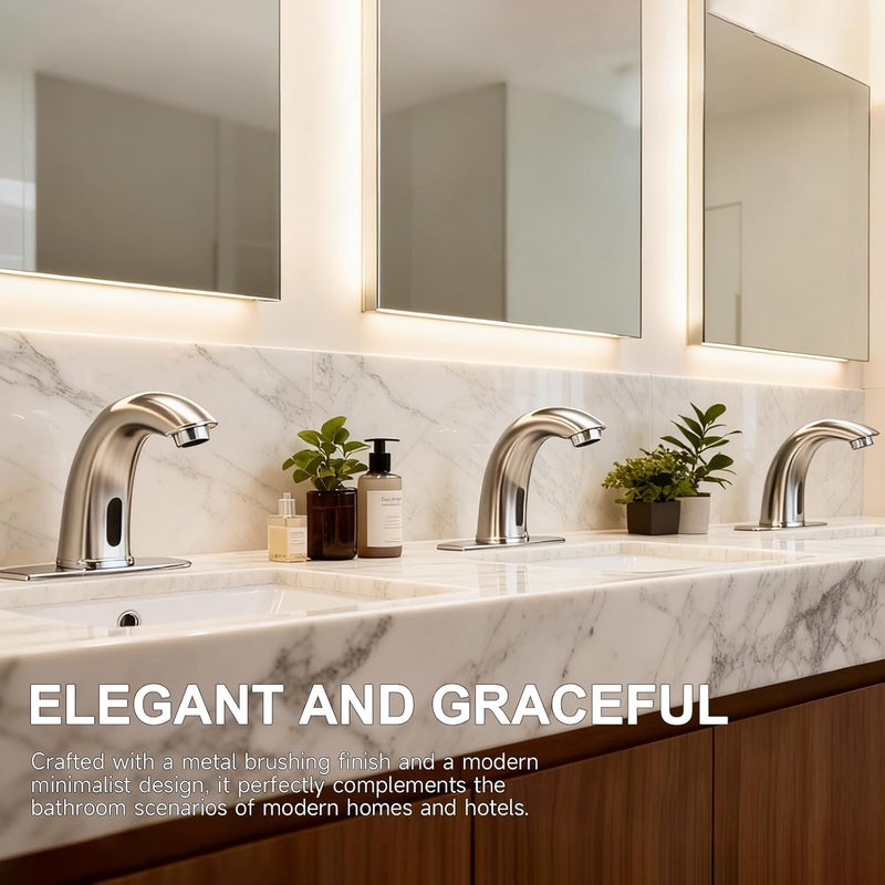 AOLIHAN Touchless Bathroom Sink Faucet Automatic Motion Sensor Commercial Bathroom Faucet with Deck Plate,1 Hole or 3 Hole Solid Brass Faucet,AC/DC Powered,Hot Cold Mixer,Brushed Nickel - Image 4